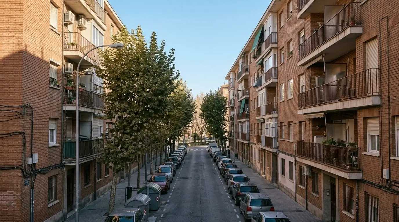 Bloques de pisos de ladrillo visto de los años setenta con terrazas y árboles en una calle tranquila del sur de Madrid, a media tarde