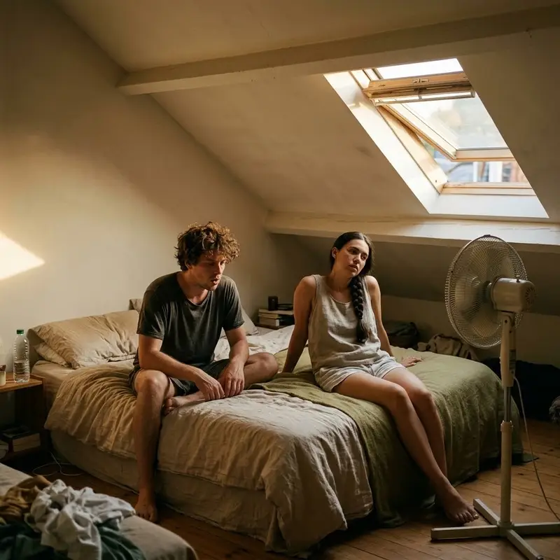 Pareja joven en el dormitorio de un ático abuhardillado con un ventilador encendido en una tarde de verano