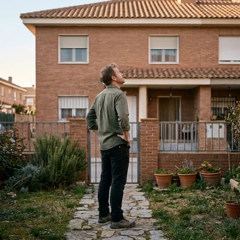 Hombre de unos cuarenta y cinco años mirando la fachada de su chalé de ladrillo con jardín en las afueras de Madrid
