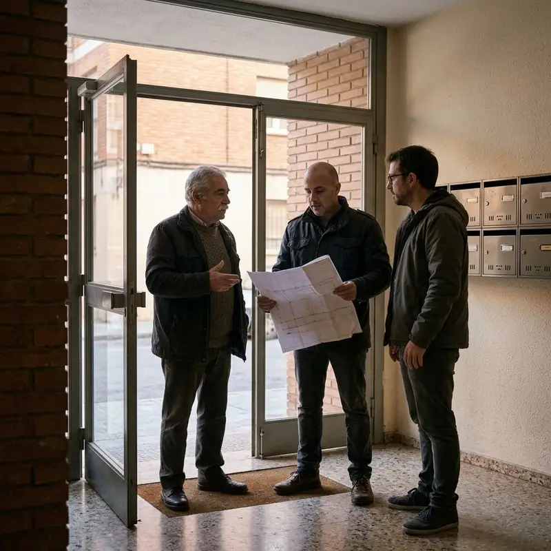 Tres vecinos de distintas edades hablando en el portal de un bloque de pisos de ladrillo con unos planos en la mano