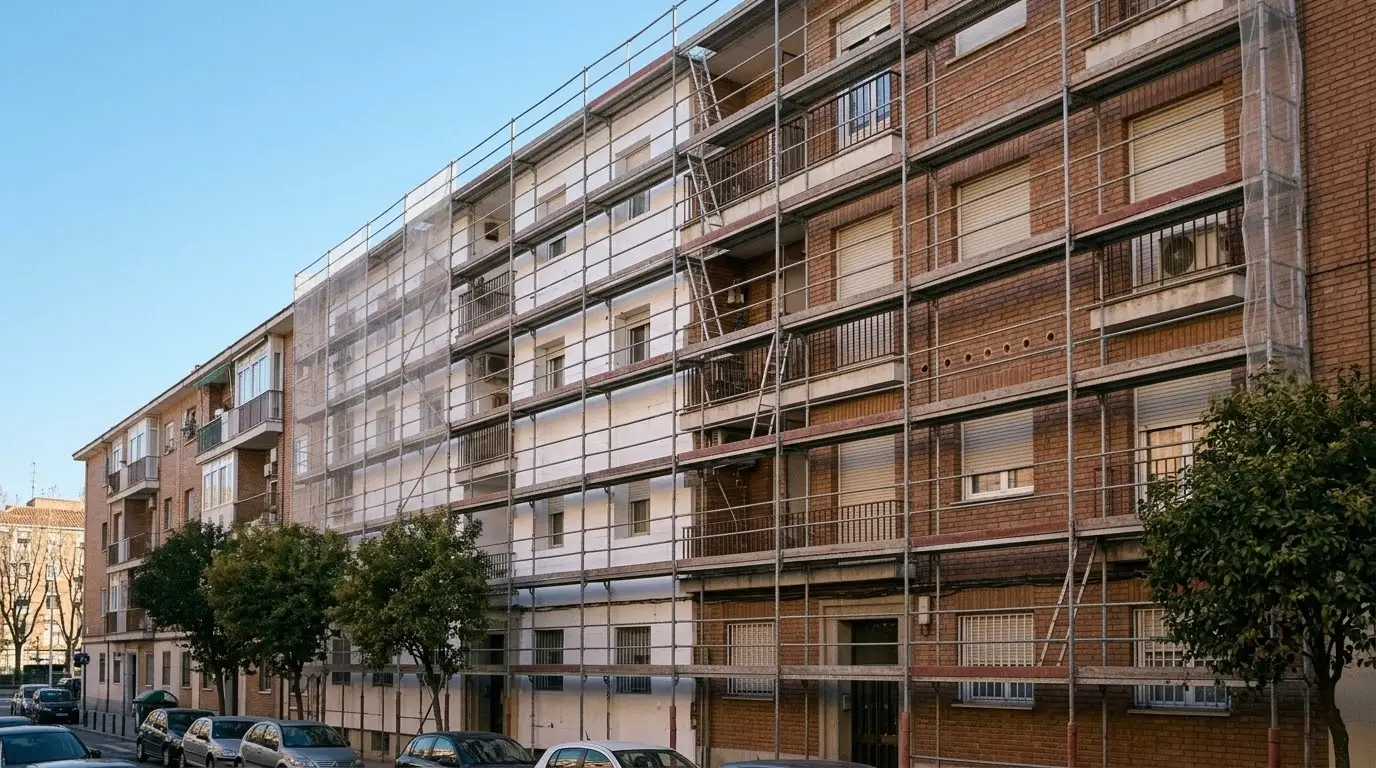 Bloque de pisos de ladrillo de los años setenta en Madrid con andamio en la fachada y la mitad ya cubierta de placas de aislante blancas
