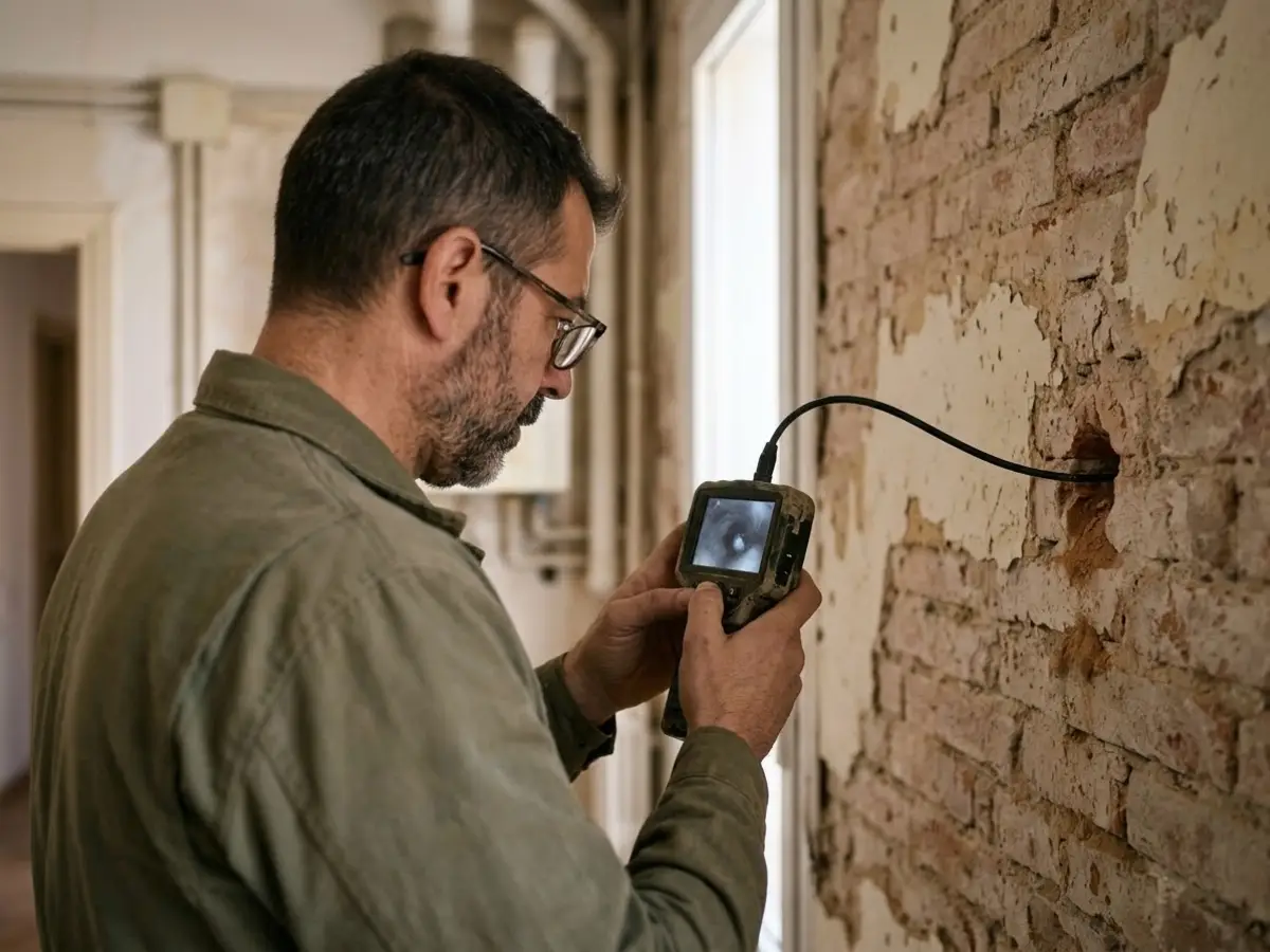 Técnico de unos cuarenta años mirando la pantalla de una cámara de inspección metida por un agujero pequeño en una pared de ladrillo