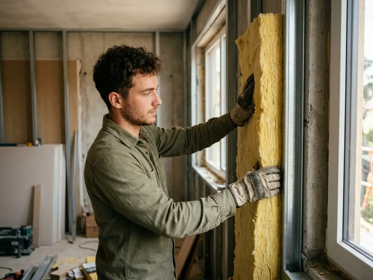 Operario de unos veinticinco años colocando lana mineral entre perfiles metálicos en la pared de un dormitorio, junto a la ventana