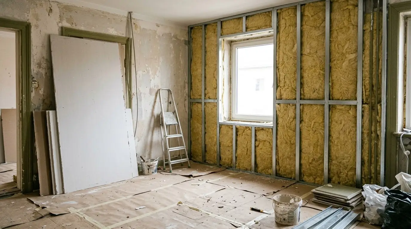 Salón de un piso en obra con la pared exterior cubierta por una estructura metálica rellena de lana mineral y placas de yeso apoyadas al lado