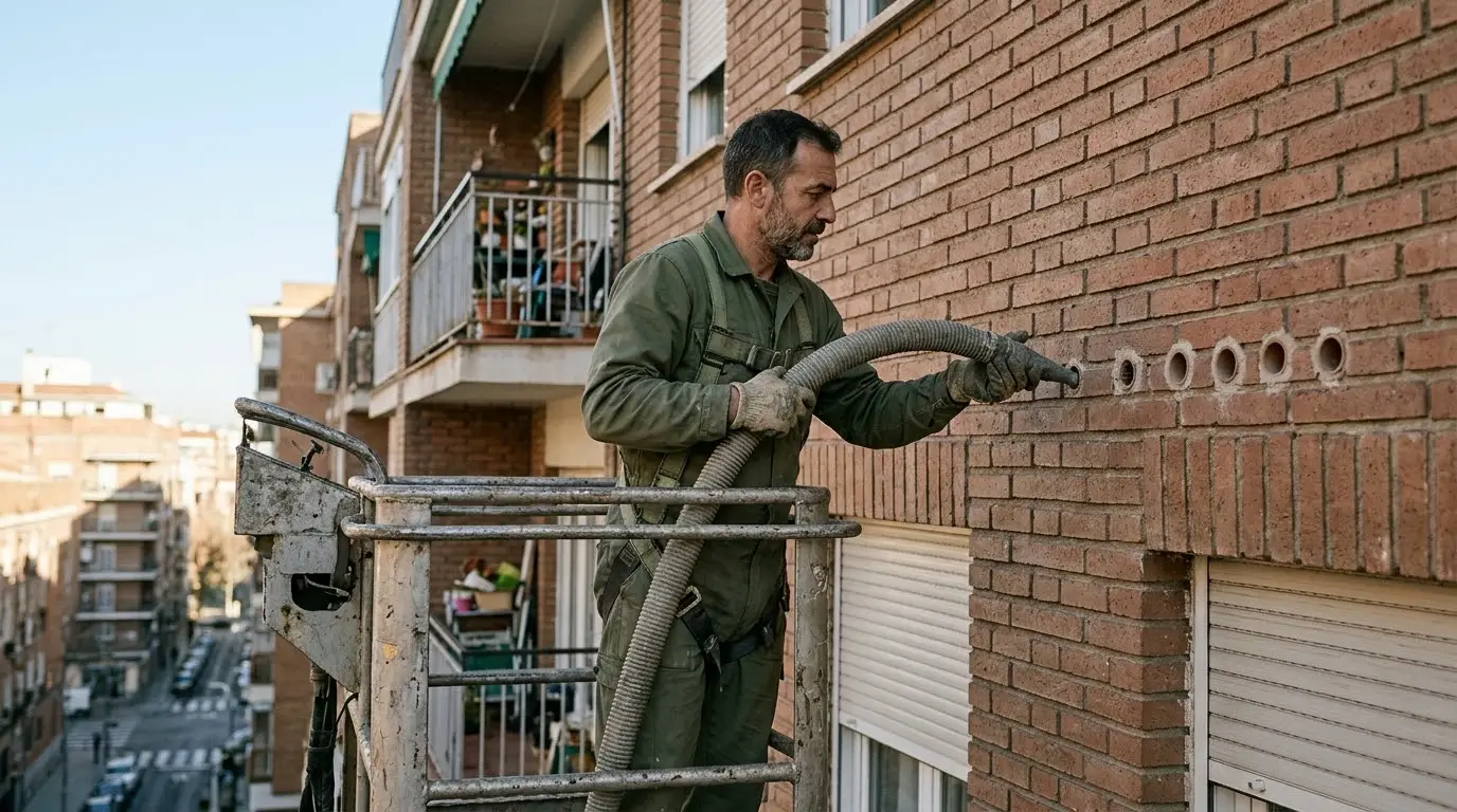 Operario con ropa de trabajo lisa insuflando aislante con una manguera por un pequeño agujero en la fachada de ladrillo de un bloque de pisos de Madrid