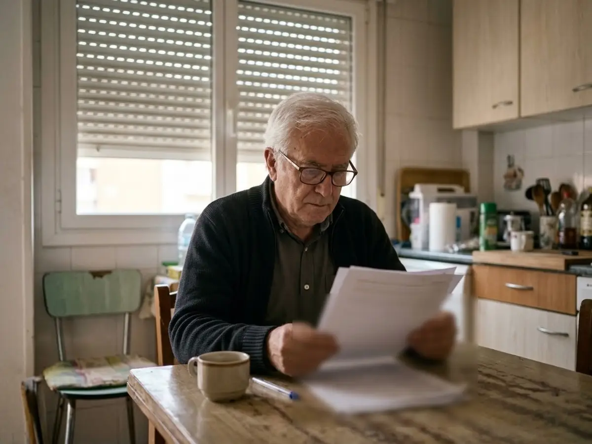 Hombre de unos sesenta años con gafas leyendo un presupuesto de varias páginas en la mesa de la cocina, con una taza de café al lado