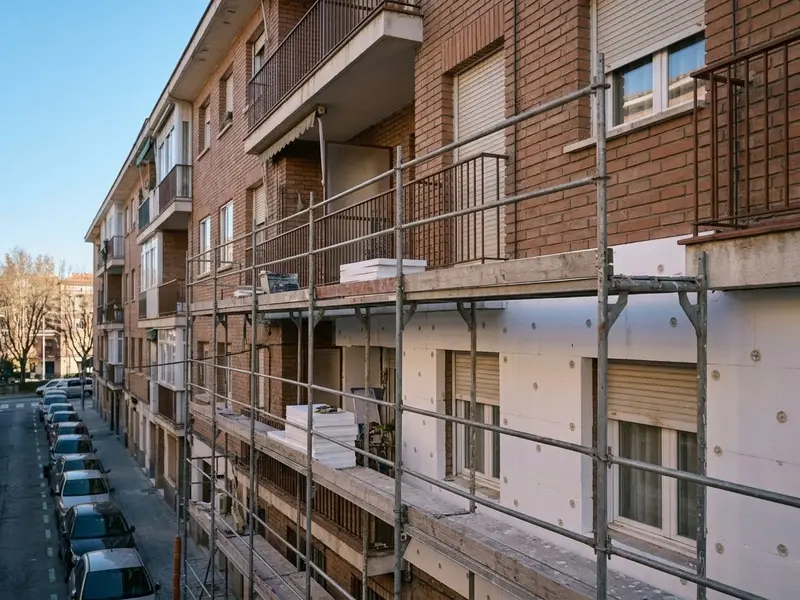 Fachada de un bloque de pisos con andamio y placas blancas de aislante colocadas en la mitad de la pared