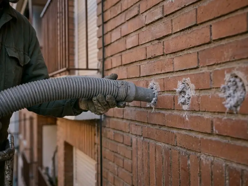 Detalle de una manguera de insuflado entrando por un agujero pequeño en una pared de ladrillo visto