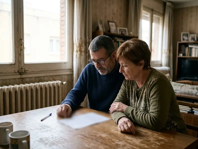 Pareja de unos cincuenta años repasando un presupuesto en papel en la mesa del salón de un piso antiguo